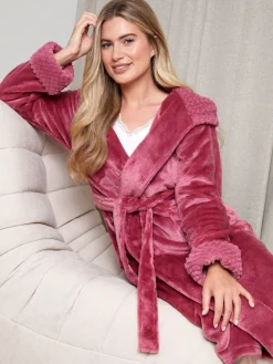 Threadbare Cosy Faux Fur Trim Dressing Gown Pink