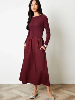 Threadbare 2-in-1 Jersey Poplin Mix Slash Neck Long Sleeve Dress Red Sale