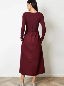Threadbare 2-in-1 Jersey Poplin Mix Slash Neck Long Sleeve Dress Red Sale