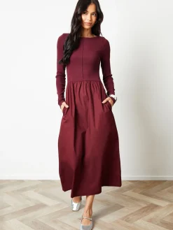Threadbare 2-in-1 Jersey Poplin Mix Slash Neck Long Sleeve Dress Red Sale