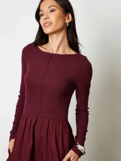 Threadbare 2-in-1 Jersey Poplin Mix Slash Neck Long Sleeve Dress Red Sale