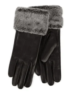 Totes Black Isotoner Ladies Leather Gloves with Faux Fur Cuff Best