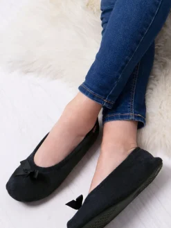 Totes Isotoner Terry Ballet Slippers With Bow Black New