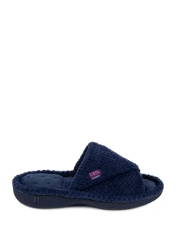 Totes Ladies Isotoner Popcorn Turnover Open Toe Slippers Navy Discount