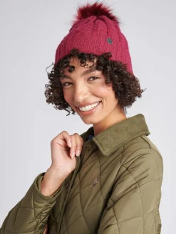 U.S. Polo Assn . Twist Cable Fur Bobble Knit Beanie Pink