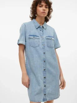 VERO MODA Short Sleeve Button Down Denim Dress Blue Chrome Outlet
