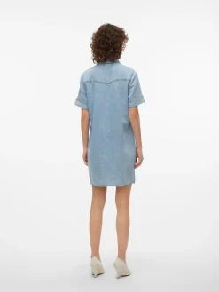 VERO MODA Short Sleeve Button Down Denim Dress Blue Chrome Outlet