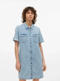 VERO MODA Short Sleeve Button Down Denim Dress Blue Chrome Outlet