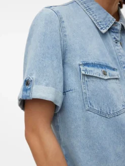 VERO MODA Short Sleeve Button Down Denim Dress Blue Chrome Outlet