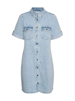 VERO MODA Short Sleeve Button Down Denim Dress Blue Chrome Outlet