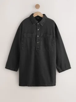 Next Mini Long Sleeve Utility Denim Dress Washed Black Outlet