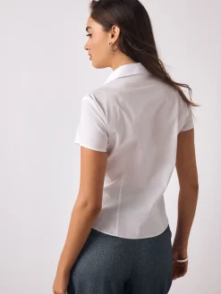 Next Fitted Stretch Essential Short Sleeve Shirt White Sale