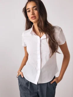 Next Fitted Stretch Essential Short Sleeve Shirt White Sale