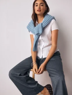 Next Fitted Stretch Essential Short Sleeve Shirt White Sale