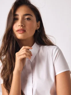 Next Fitted Stretch Essential Short Sleeve Shirt White Sale