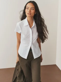 Next White Fitted Stretch Essential Short Sleeve Shirts 2 Pack Online