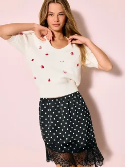 Next Puff Sleeve Knitted Top White Floral Detail