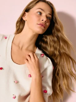 Next Puff Sleeve Knitted Top White Floral Detail