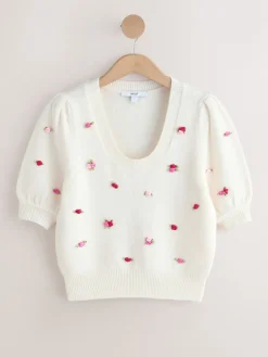 Next Puff Sleeve Knitted Top White Floral Detail