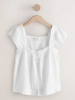 Next Flutter Sleeve Button Front Top With Linen White