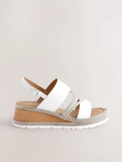 Next Standard/Wide Fit Leather Bling Detail Slingback Sports Wedge Sandals White