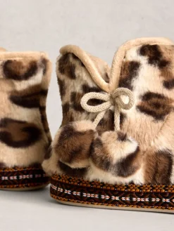 White Stuff Faux Fur Bootie Slippers Animal