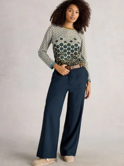 White Stuff Belle Tweedy Wide Leg Trousers Blue Clearance