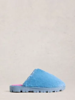 White Stuff Faux Fur Mule Slippers Blue New