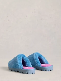 White Stuff Faux Fur Mule Slippers Blue New