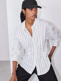 Next Cinched Waist Fitted Shirt White/Black Stripe New