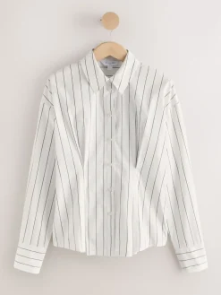 Next Cinched Waist Fitted Shirt White/Black Stripe New
