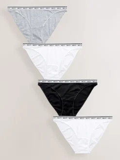 Next White/Black/Grey High Leg Cotton Logo Knickers 4 Pack Discount