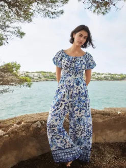Next Off the Shoulder Jumpsuit White/Blue Floral Print Best