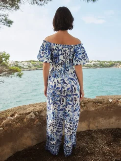 Next Off the Shoulder Jumpsuit White/Blue Floral Print Best