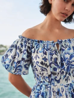 Next Off the Shoulder Jumpsuit White/Blue Floral Print Best