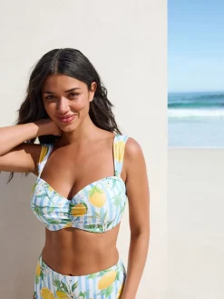 Next White/Blue Pique Stripe Lemon Print Wired Bandeau Bikini Top Clearance