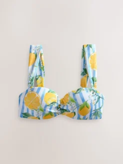 Next White/Blue Pique Stripe Lemon Print Wired Bandeau Bikini Top Clearance