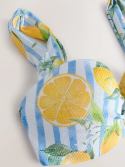 Next White/Blue Pique Stripe Lemon Print Wired Bandeau Bikini Top Clearance