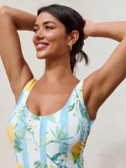 Next White/Blue Stripe Lemon Print Dd+ Wired Scoop Neck Tummy Control Swimsuit
