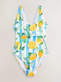 Next White/Blue Stripe Lemon Print Dd+ Wired Scoop Neck Tummy Control Swimsuit