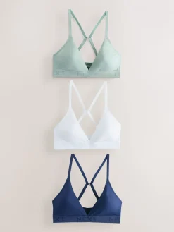 Next Cotton Ribbed Logo Bralettes 3 Pack White/Green/Navy New