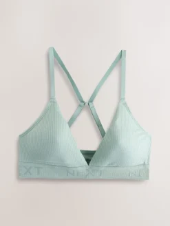 Next Cotton Ribbed Logo Bralettes 3 Pack White/Green/Navy New