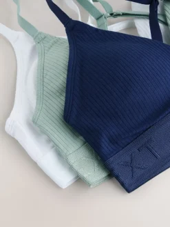 Next Cotton Ribbed Logo Bralettes 3 Pack White/Green/Navy New