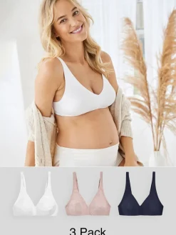 Next Non Pad Non Wire Cotton Blend Ultimate Comfort Bras 3 Pack White/Navy Blue/Pink New