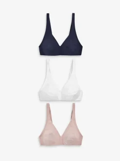 Next Non Pad Non Wire Cotton Blend Ultimate Comfort Bras 3 Pack White/Navy Blue/Pink New