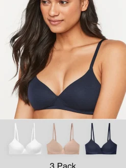Next Pad Non Wire Cotton Blend Ultimate Comfort Bras 3 Pack White/Navy Blue/Pink Hot