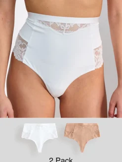 Next Tummy Control Light Shaping High Waist Thongs 2 Pack White/Praline Nude New