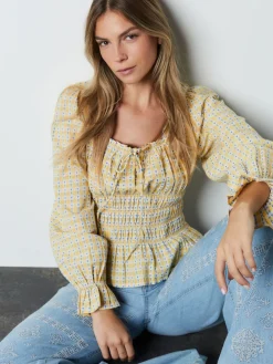 Next Yellow Gingham Shirred Long Sleeve Milkmaid Top Discount