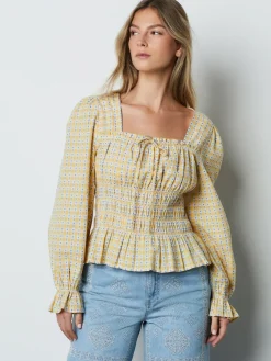 Next Yellow Gingham Shirred Long Sleeve Milkmaid Top Discount