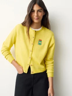 Next Yellow Pickles Embroidery Crew Neck Knitted Cardigan With Wool Discount